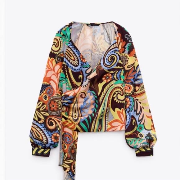 Zara multicolor printed crossover top wrap long sleeve blouse NWT - Picture 4 of 14